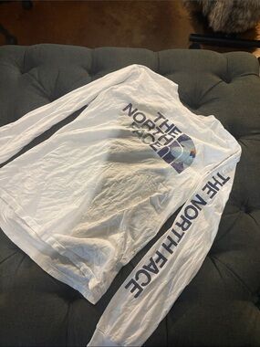 The North Face White Long Sleeve Logo Tee with Purple Accent